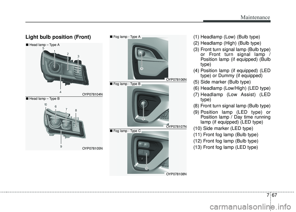 KIA SEDONA 2020  Owners Manual 767
Maintenance
Light bulb position (Front)(1) Headlamp (Low) (Bulb type)
(2) Headlamp (High) (Bulb type)
(3) Front turn signal lamp (Bulb type)or Front turn signal lamp /
Position lamp (if equipped) 