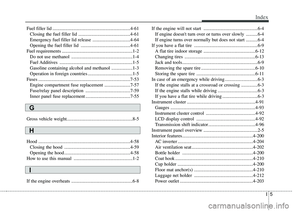KIA SEDONA 2020 Owners Manual I5
Index
Fuel filler lid ..................................................................4-61Closing the fuel filler lid ............................................4-61
Emergency fuel filler lid re KIA SEDONA 2020 Owners Manual I5
Index
Fuel filler lid ..................................................................4-61Closing the fuel filler lid ............................................4-61
Emergency fuel filler lid re