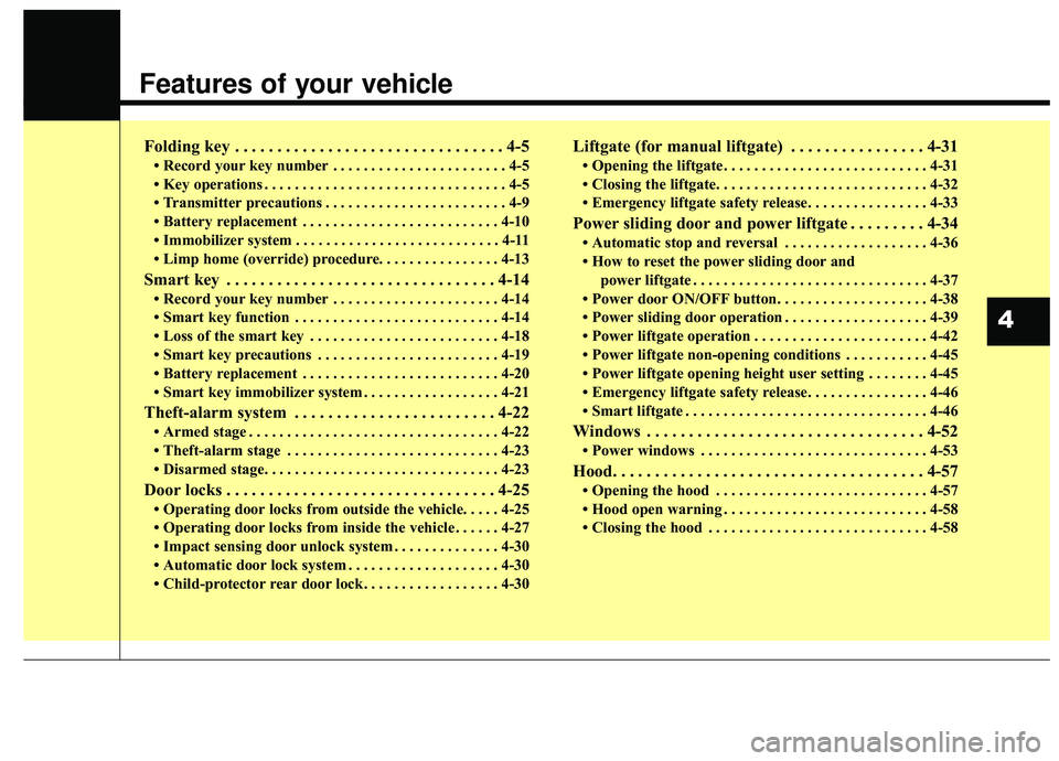 KIA SEDONA 2019  Owners Manual Features of your vehicle
Folding key . . . . . . . . . . . . . . . . . . . . . . . . . . . . . . . . 4-5
• Record your key number . . . . . . . . . . . . . . . . . . . . . . . 4-5
• Key operations
