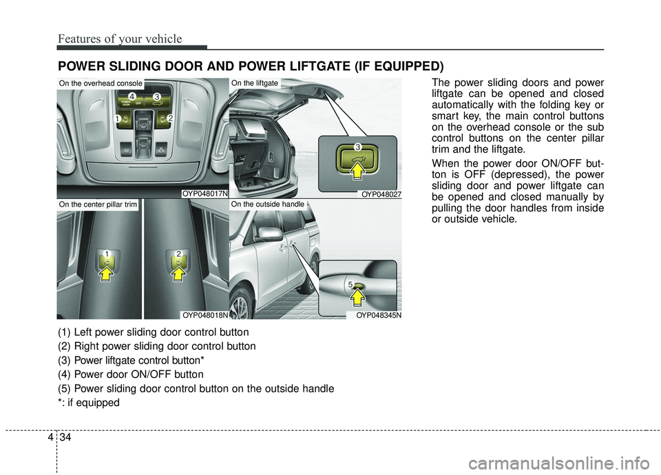 KIA SEDONA 2019  Owners Manual Features of your vehicle
34
4
POWER SLIDING DOOR AND POWER LIFTGATE (IF EQUIPPED)
The power sliding doors and power
liftgate can be opened and closed
automatically with the folding key or
smart key, t