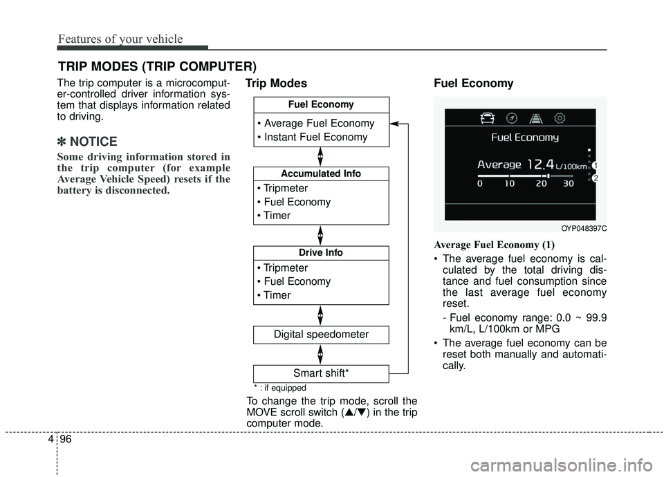 KIA SEDONA 2019  Owners Manual Features of your vehicle
96
4
The trip computer is a microcomput-
er-controlled driver information sys-
tem that displays information related
to driving.
✽ ✽
NOTICE
Some driving information stored