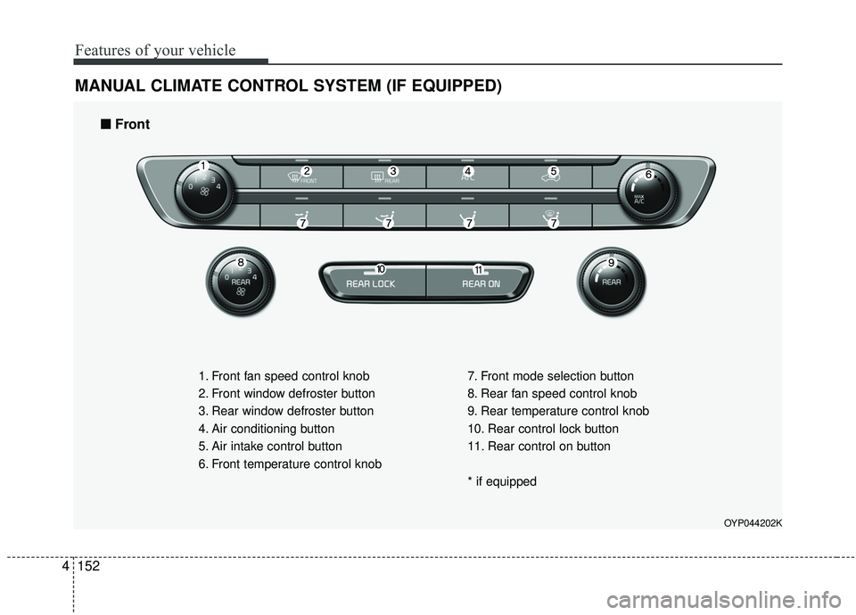 KIA SEDONA 2019  Owners Manual Features of your vehicle
152
4
MANUAL CLIMATE CONTROL SYSTEM (IF EQUIPPED)
OYP044202K
1. Front fan speed control knob
2. Front window defroster button
3. Rear window defroster button
4. Air conditioni