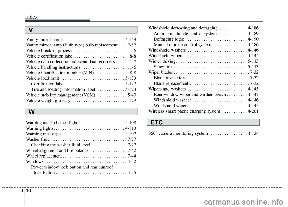KIA SEDONA 2019  Owners Manual Index
16I
Vanity mirror lamp . . . . . . . . . . . . . . . . . . . . . . . . . . . 4-149
Vanity mirror lamp (Bulb type) bulb replacement . . . . 7-87
Vehicle break-in process . . . . . . . . . . . . .