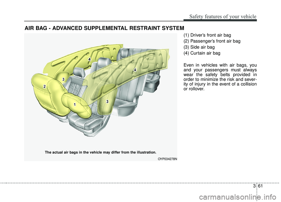KIA SEDONA 2019  Owners Manual 361
Safety features of your vehicle
(1) Driver’s front air bag
(2) Passenger’s front air bag
(3) Side air bag
(4) Curtain air bag
Even in vehicles with air bags, you
and your passengers must alway