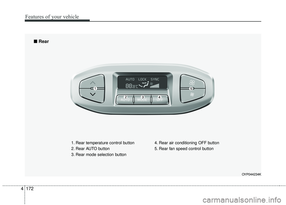 KIA SEDONA 2018  Owners Manual Features of your vehicle
172
4
OYP044234K
1. Rear temperature control button
2. Rear AUTO button
3. Rear mode selection button 4. Rear air conditioning OFF button
5. Rear fan speed control button
■ 