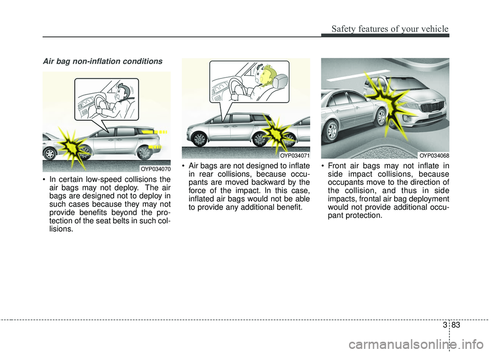 KIA SEDONA 2018  Owners Manual 383
Safety features of your vehicle
Air bag non-inflation conditions
 In certain low-speed collisions theair bags may not deploy. The air
bags are designed not to deploy in
such cases because they may