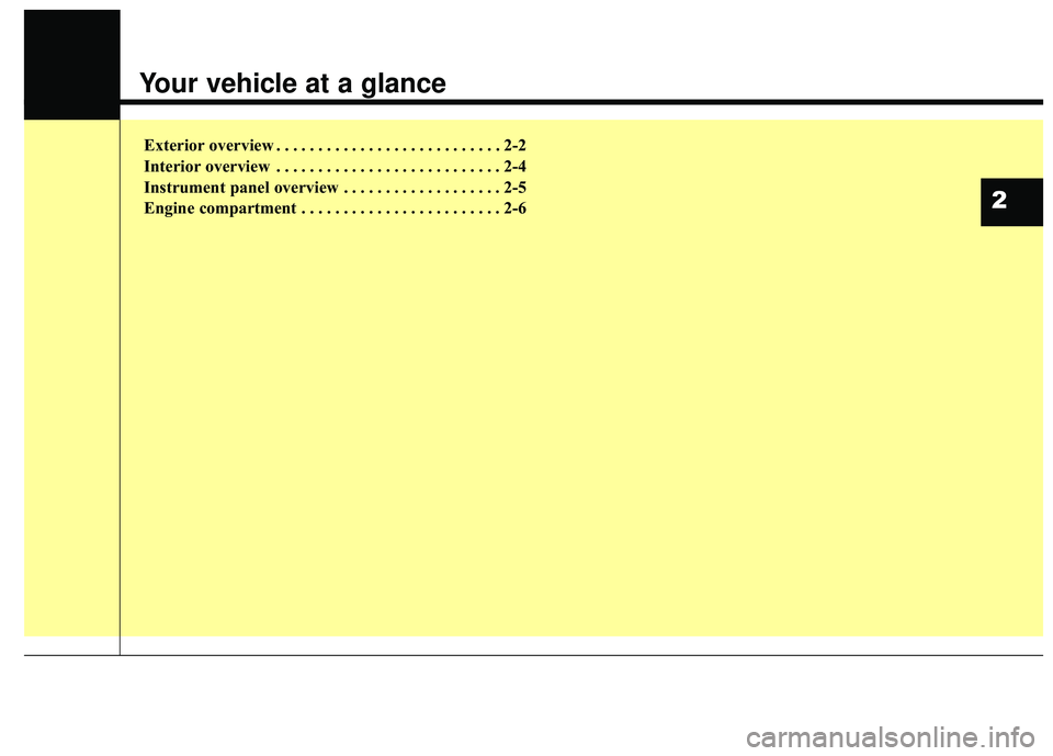 KIA SEDONA 2017  Owners Manual Exterior overview . . . . . . . . . . . . . . . . . . . . . . . . . . . 2-2
Interior overview . . . . . . . . . . . . . . . . . . . . . . . . . . . 2-4
Instrument panel overview . . . . . . . . . . . 