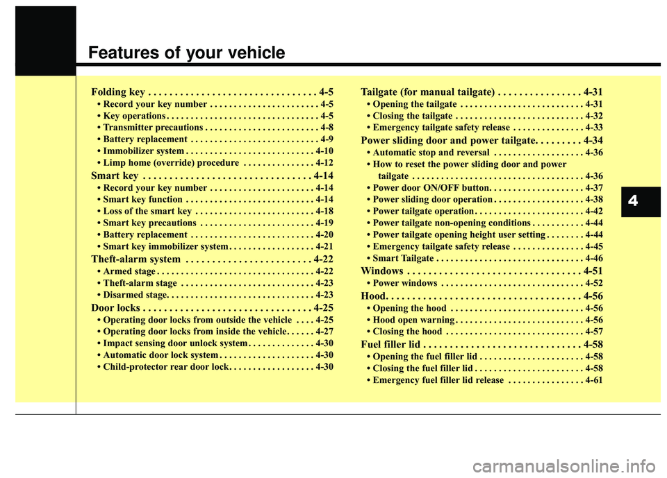 KIA SEDONA 2017  Owners Manual Features of your vehicle
Folding key . . . . . . . . . . . . . . . . . . . . . . . . . . . . . . . . 4-5
• Record your key number . . . . . . . . . . . . . . . . . . . . . . . 4-5
• Key operations