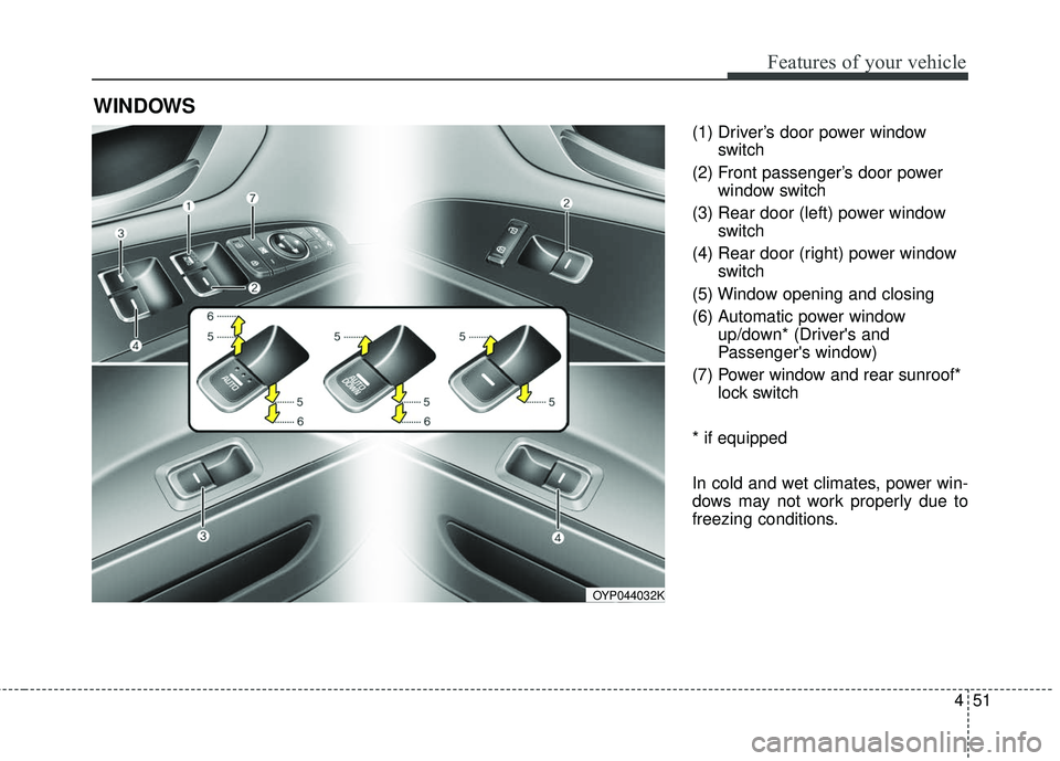 KIA SEDONA 2017  Owners Manual 451
Features of your vehicle
(1) Driver’s door power windowswitch
(2) Front passenger’s door power window switch
(3) Rear door (left) power window switch
(4) Rear door (right) power window switch
