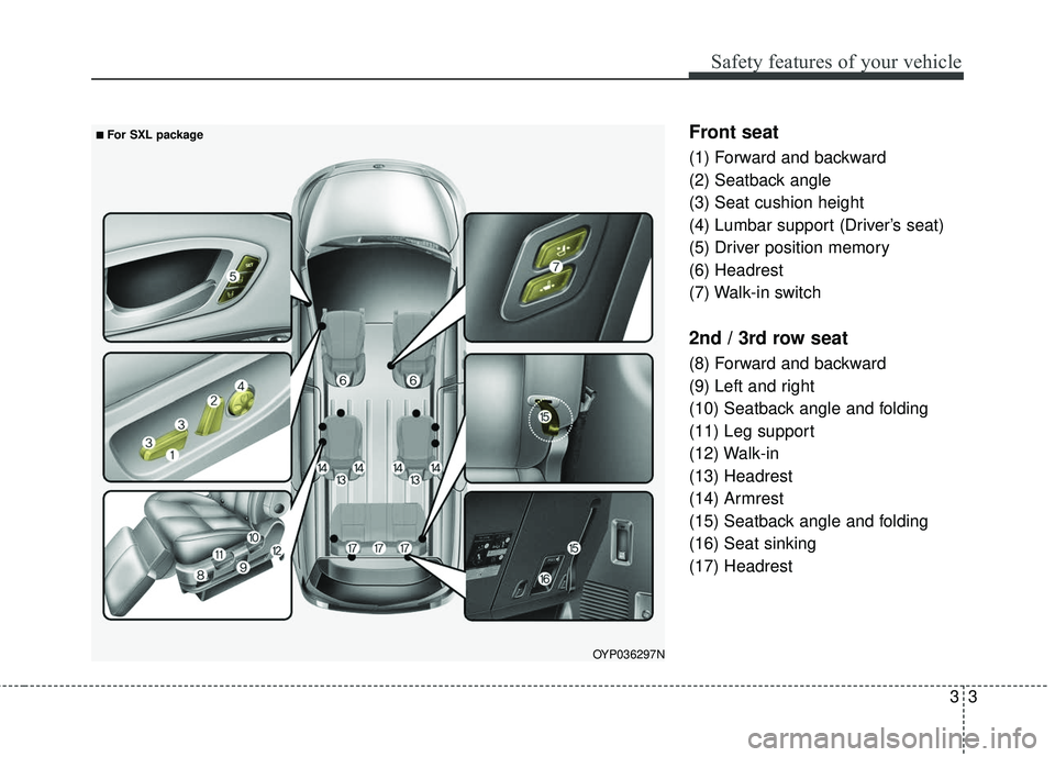 KIA SEDONA 2017  Owners Manual 33
Safety features of your vehicle
Front seat
(1) Forward and backward
(2) Seatback angle
(3) Seat cushion height 
(4) Lumbar support (Driver’s seat)
(5) Driver position memory
(6) Headrest
(7) Walk
