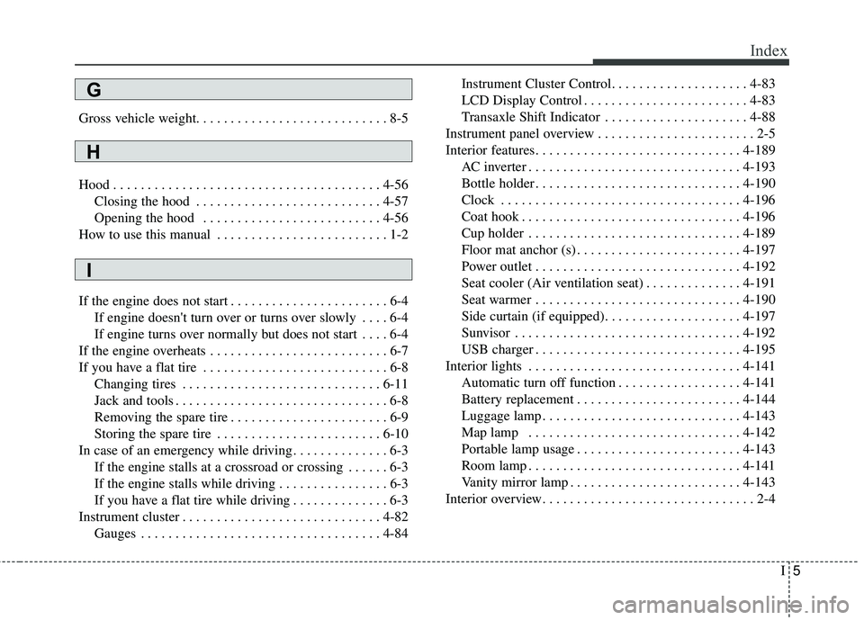 KIA SEDONA 2017  Owners Manual I5
Index
Gross vehicle weight. . . . . . . . . . . . . . . . . . . . . . . . . . . . 8-5
Hood . . . . . . . . . . . . . . . . . . . . . . . . . . . . . . . . . . . . \
. . . 4-56Closing the hood . . .