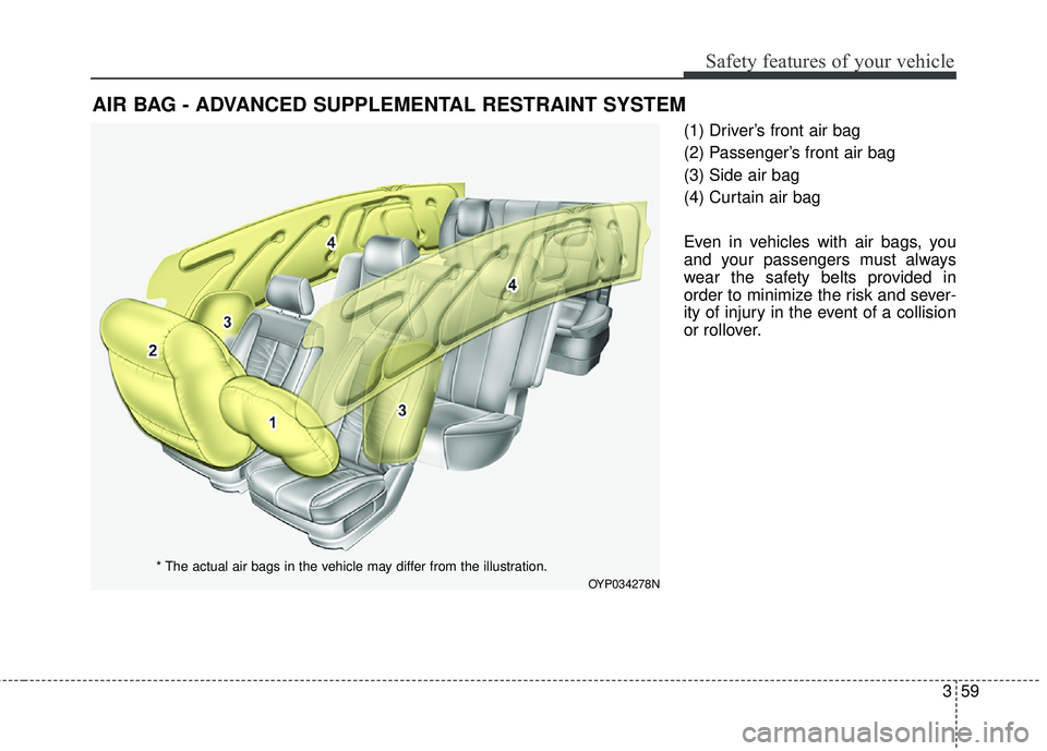 KIA SEDONA 2017  Owners Manual 359
Safety features of your vehicle
(1) Driver’s front air bag
(2) Passenger’s front air bag
(3) Side air bag
(4) Curtain air bag
Even in vehicles with air bags, you
and your passengers must alway