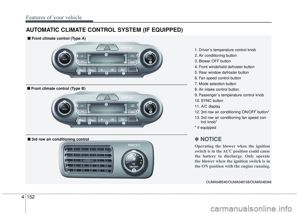 KIA SORENTO 2019  Owners Manual Features of your vehicle
152
4
AUTOMATIC CLIMATE CONTROL SYSTEM (IF EQUIPPED)
OUMA048540/OUMA048158/OUMA048346
1. Driver`s temperature control knob
2. Air conditioning button
3. Blower OFF button
4. F