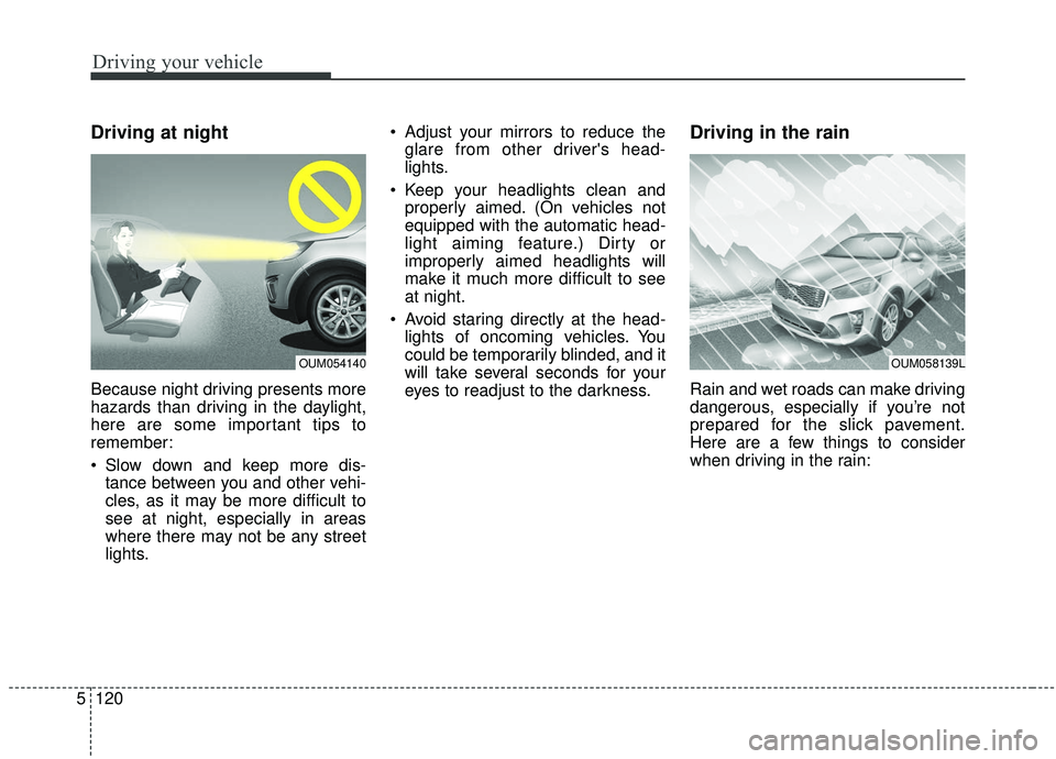 KIA SORENTO 2019  Owners Manual Driving your vehicle
120
5
Driving at night
Because night driving presents more
hazards than driving in the daylight,
here are some important tips to
remember:
 Slow down and keep more dis-
tance betw