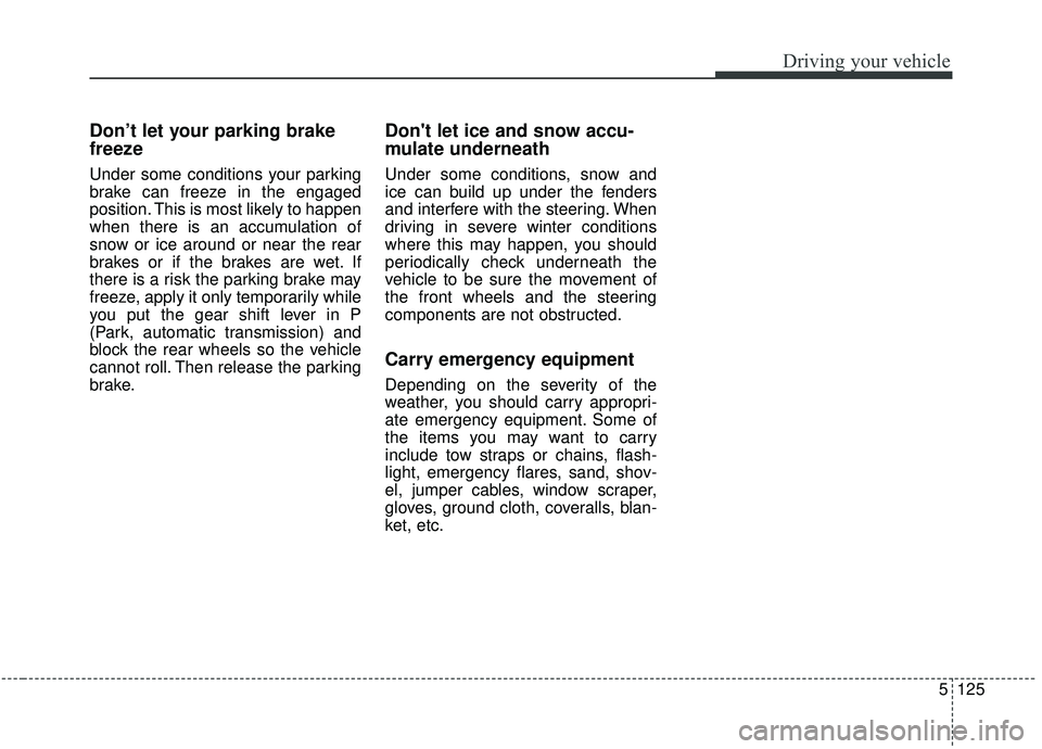 KIA SORENTO 2019  Owners Manual 5125
Driving your vehicle
Don’t let your parking brake
freeze
Under some conditions your parking
brake can freeze in the engaged
position. This is most likely to happen
when there is an accumulation