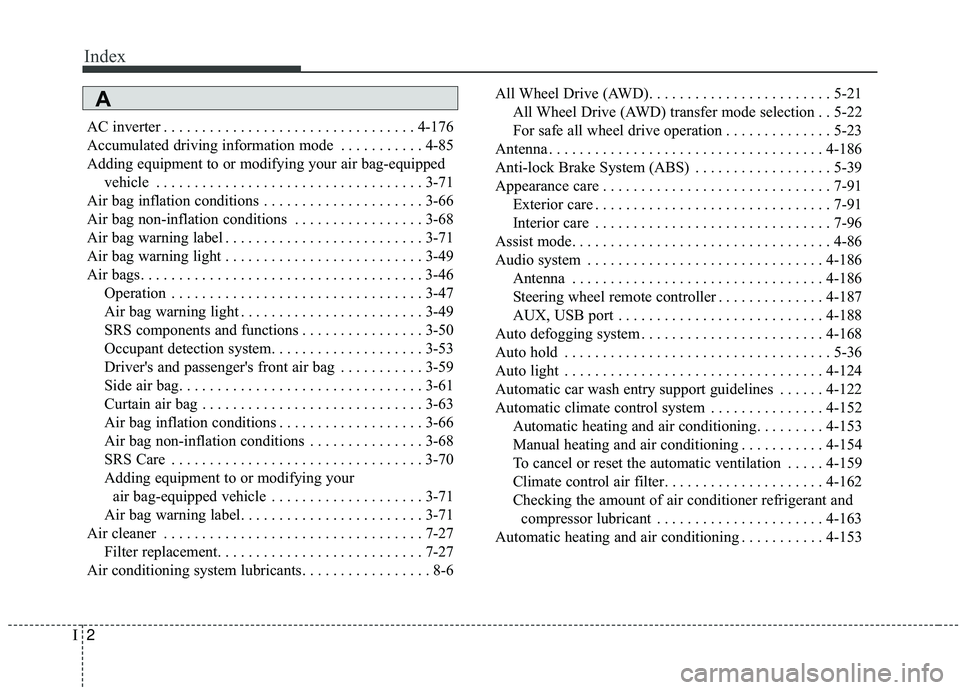 KIA SORENTO 2019  Owners Manual Index
2I
AC inverter . . . . . . . . . . . . . . . . . . . . . . . . . . . . . . . . . 4-176
Accumulated driving information mode . . . . . . . . . . . 4-85
Adding equipment to or modifying your air b