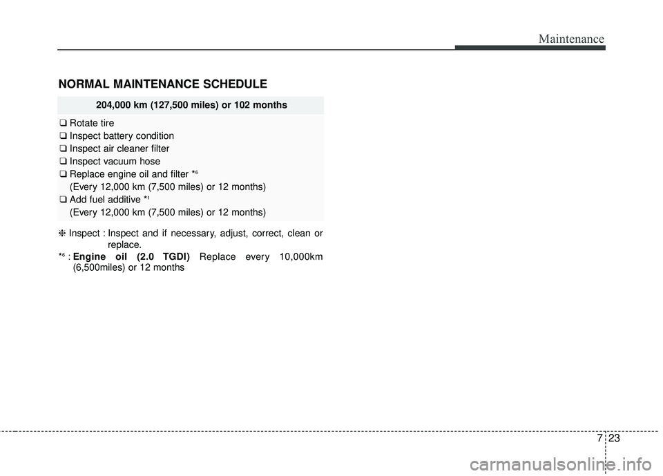 KIA SORENTO 2018  Owners Manual 723
Maintenance
NORMAL MAINTENANCE SCHEDULE
204,000 km (127,500 miles) or 102 months
❑Rotate tire
❑ Inspect battery condition
❑ Inspect air cleaner filter
❑ Inspect vacuum hose
❑ Replace eng