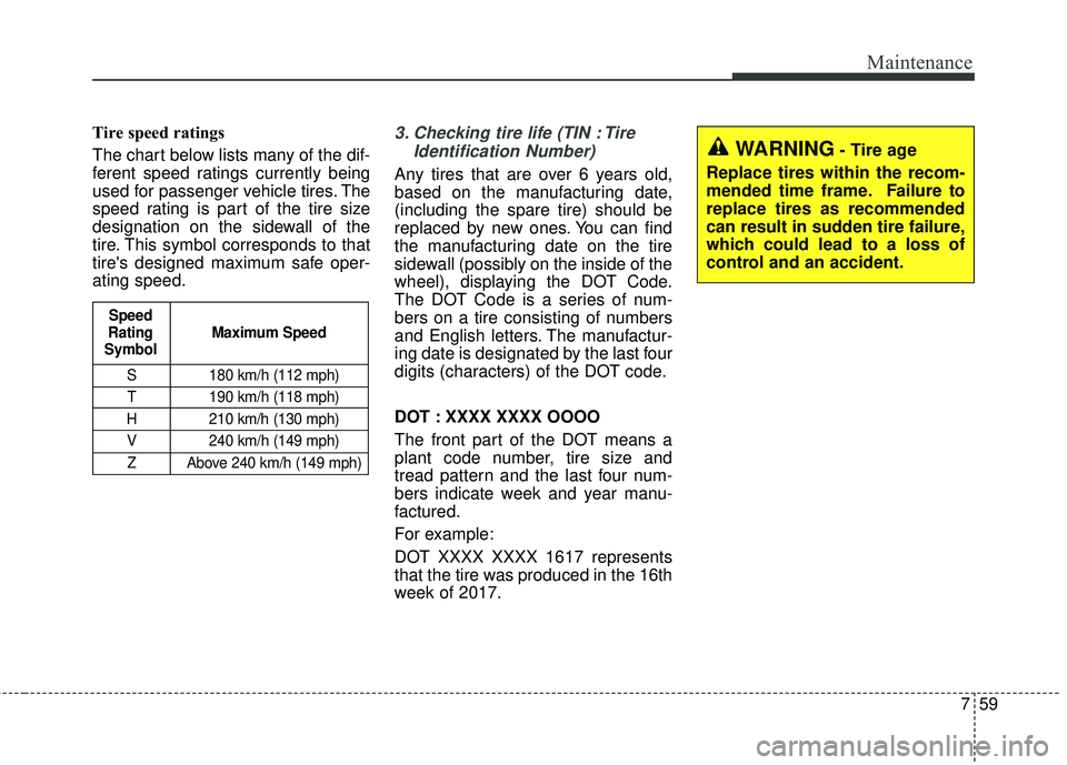 KIA SORENTO 2018  Owners Manual 759
Maintenance
Tire speed ratings  
The chart below lists many of the dif-
ferent speed ratings currently being
used for passenger vehicle tires. The
speed rating is part of the tire size
designation
