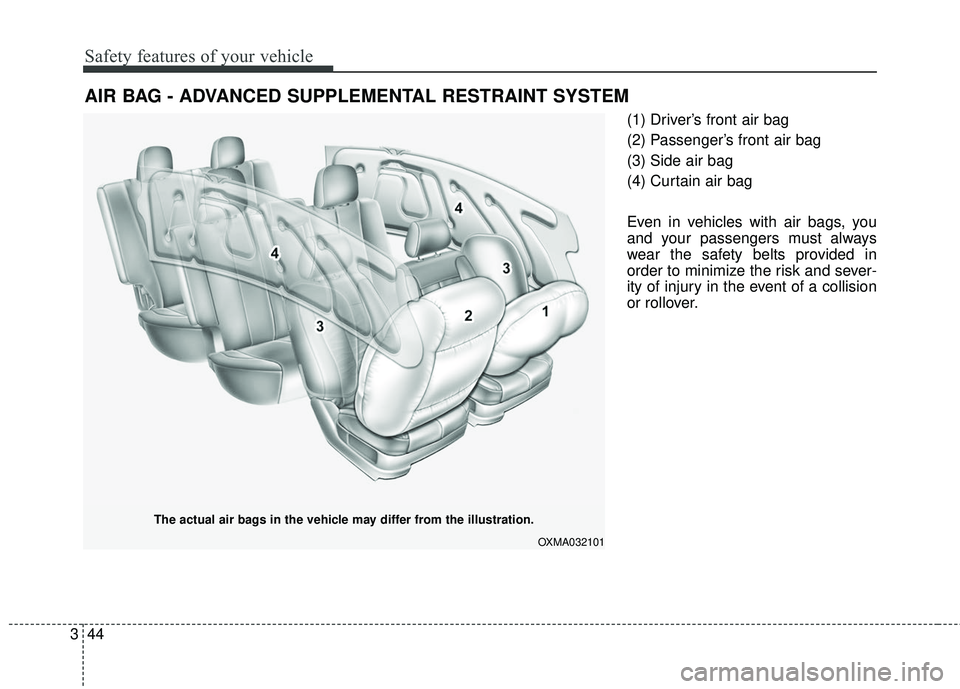 KIA SORENTO 2018  Owners Manual Safety features of your vehicle
44
3
(1) Driver’s front air bag
(2) Passenger’s front air bag
(3) Side air bag
(4) Curtain air bag
Even in vehicles with air bags, you
and your passengers must alwa