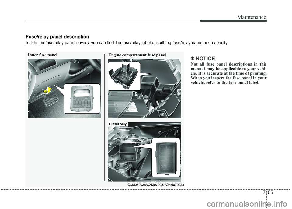 KIA SORENTO 2010  Owners Manual 755
Maintenance
✽✽NOTICE
Not all fuse panel descriptions in this 
manual may be applicable to your vehi-
cle. It is accurate at the time of printing.
When you inspect the fuse panel in your
vehicl
