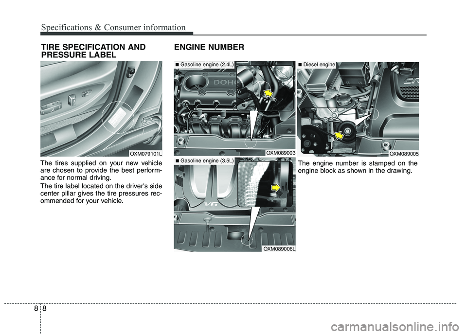 KIA SORENTO 2010  Owners Manual Specifications & Consumer information
8
8
The tires supplied on your new vehicle 
are chosen to provide the best perform-
ance for normal driving. 
The tire label located on the drivers side 
center 