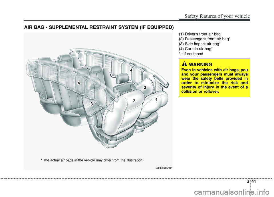 KIA SORENTO 2010  Owners Manual 341
Safety features of your vehicle
(1) Driver’s front air bag 
(2) Passenger’s front air bag*(3) Side impact air bag*
(4) Curtain air bag*
* : if equipped
AIR BAG - SUPPLEMENTAL RESTRAINT SYSTEM 