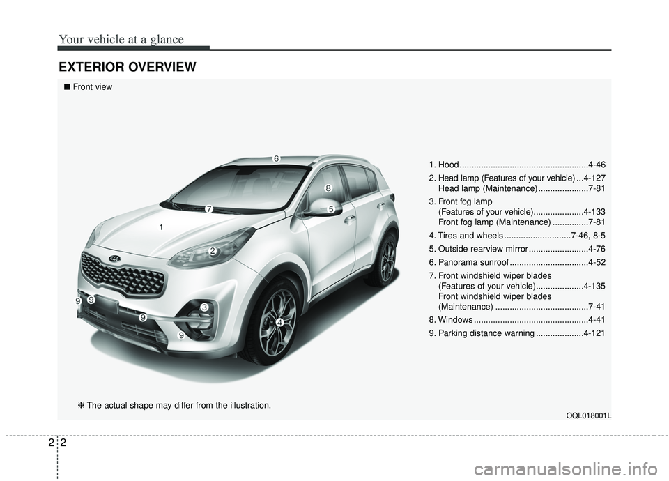 KIA SPORTAGE 2020  Owners Manual Your vehicle at a glance
22
EXTERIOR OVERVIEW
1. Hood ......................................................4-46
2. Head lamp (Features of your vehicle) ...4-127
Head lamp (Maintenance) ..............
