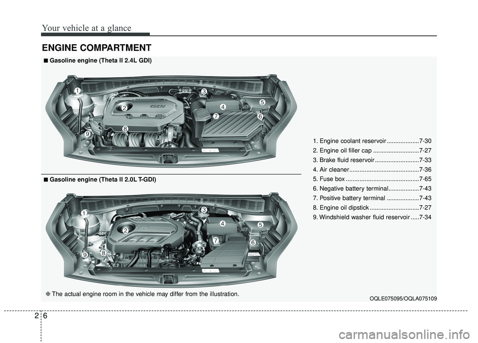 KIA SPORTAGE 2020  Owners Manual Your vehicle at a glance
62
ENGINE COMPARTMENT
OQLE075095/OQLA075109
■ ■Gasoline engine (Theta II 2.4L GDI)
❈ The actual engine room in the vehicle may differ from the illustration.
■ ■Gasol