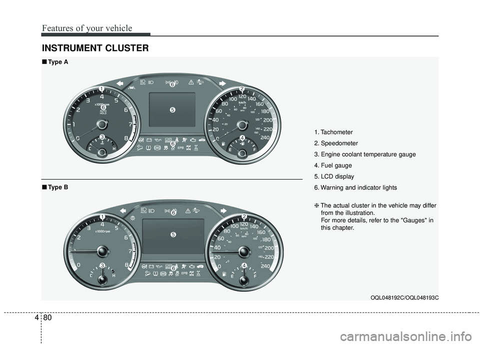 KIA SPORTAGE 2020  Owners Manual Features of your vehicle
80
4
INSTRUMENT CLUSTER
1. Tachometer 
2. Speedometer
3. Engine coolant temperature gauge
4. Fuel gauge
5. LCD display
6. Warning and indicator lights
OQL048192C/OQL048193C
