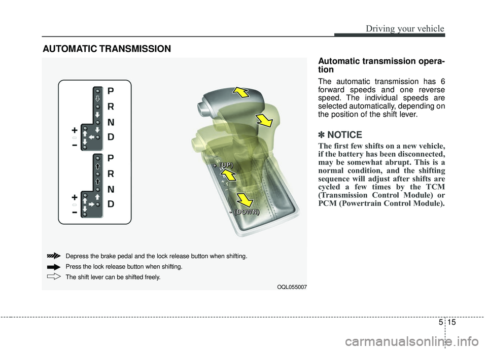 KIA SPORTAGE 2020  Owners Manual 515
Driving your vehicle
Automatic transmission opera-
tion
The automatic transmission has 6
forward speeds and one reverse
speed. The individual speeds are
selected automatically, depending on
the po