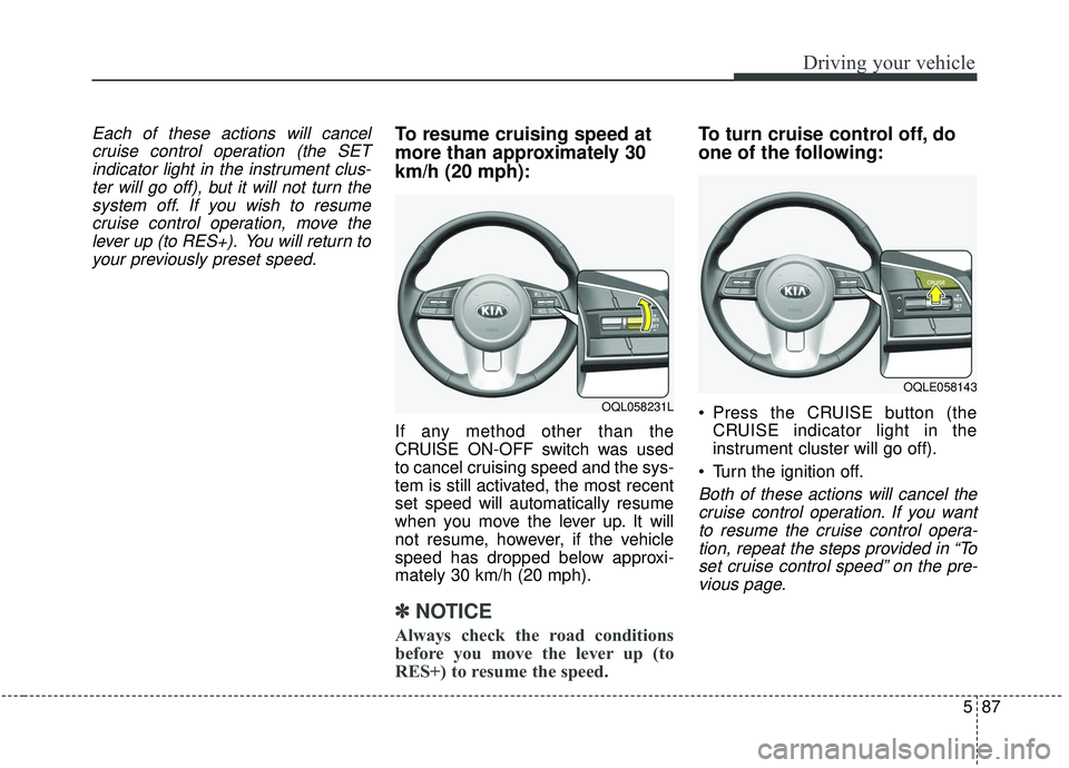 KIA SPORTAGE 2020 Owners Manual 587
Driving your vehicle
Each of these actions will cancelcruise control operation (the SETindicator light in the instrument clus-ter will go off), but it will not turn thesystem off. If you wish to r KIA SPORTAGE 2020 Owners Manual 587
Driving your vehicle
Each of these actions will cancelcruise control operation (the SETindicator light in the instrument clus-ter will go off), but it will not turn thesystem off. If you wish to r