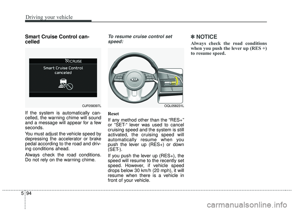 KIA SPORTAGE 2020  Owners Manual Driving your vehicle
94
5
Smart Cruise Control can-
celled
If the system is automatically can-
celled, the warning chime will sound
and a message will appear for a few
seconds.
You must adjust the veh