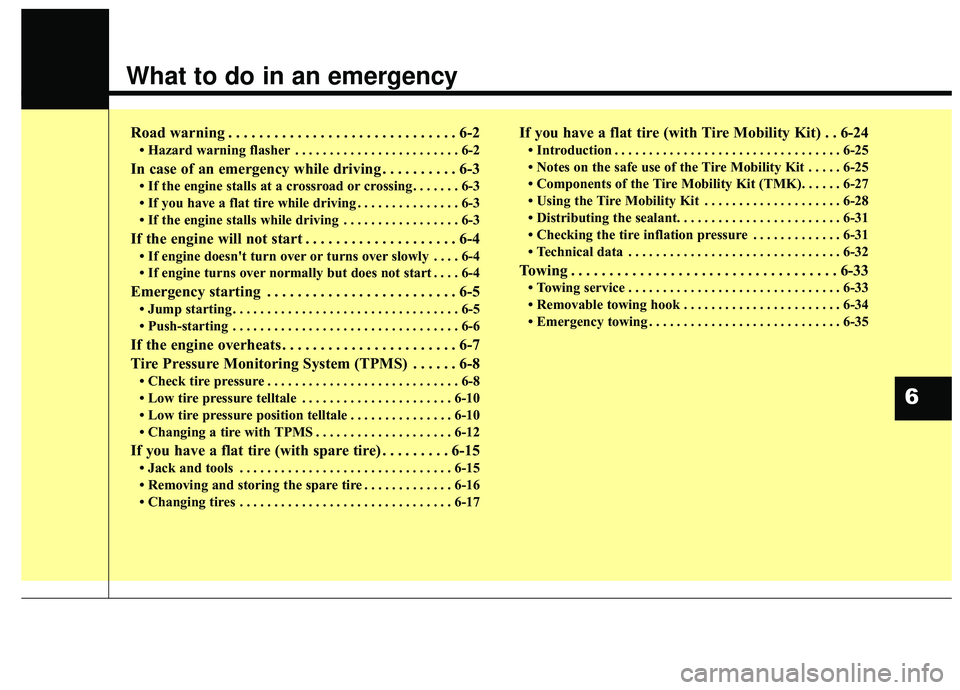 KIA SPORTAGE 2020  Owners Manual What to do in an emergency
Road warning . . . . . . . . . . . . . . . . . . . . . . . . . . . . . . 6-2
• Hazard warning flasher . . . . . . . . . . . . . . . . . . . . . . . . 6-2
In case of an eme