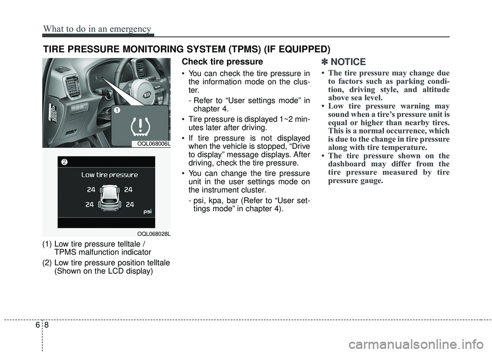 KIA SPORTAGE 2020  Owners Manual What to do in an emergency
86
TIRE PRESSURE MONITORING SYSTEM (TPMS) (IF EQUIPPED)
(1) Low tire pressure telltale / TPMS malfunction indicator
(2) Low tire pressure position telltale (Shown on the LCD