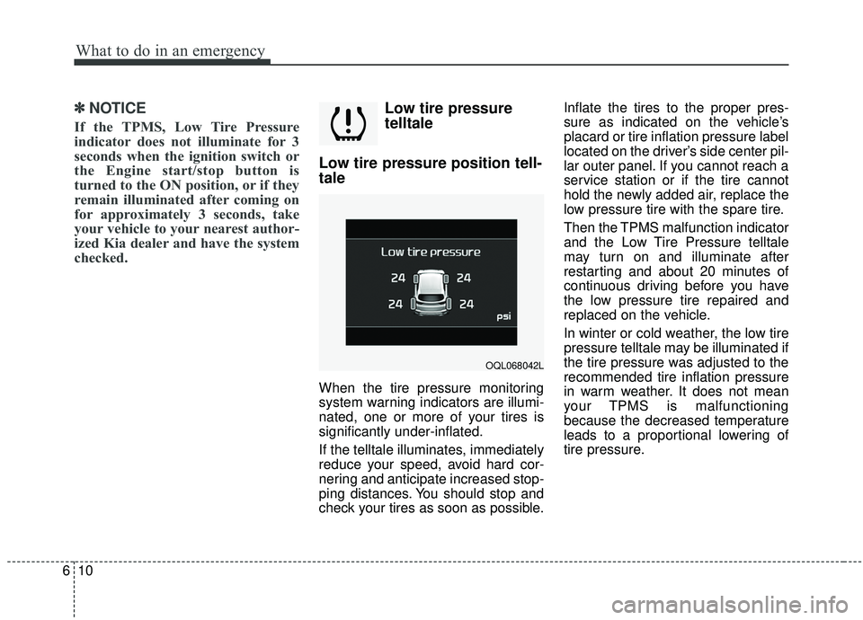 KIA SPORTAGE 2020  Owners Manual What to do in an emergency
10
6
✽ ✽
NOTICE
If the TPMS, Low Tire Pressure
indicator does not illuminate for 3
seconds when the ignition switch or
the Engine start/stop button is
turned to the ON p