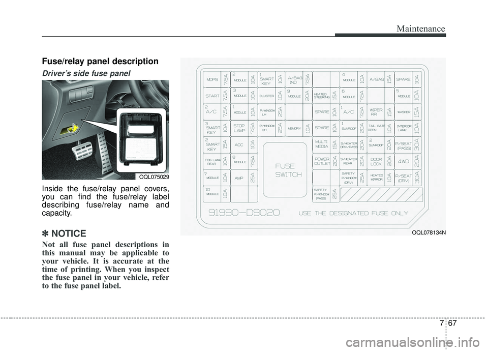 KIA SPORTAGE 2020  Owners Manual 767
Maintenance
Fuse/relay panel description
Driver’s side fuse panel 
Inside the fuse/relay panel covers,
you can find the fuse/relay label
describing fuse/relay name and
capacity.
✽ ✽NOTICE
No