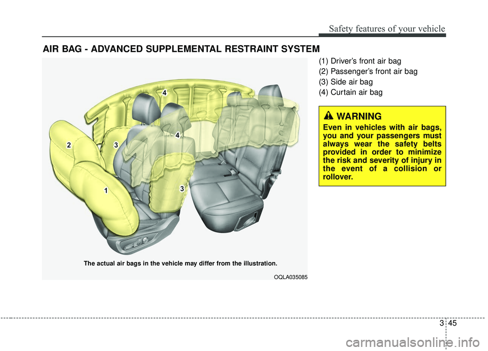 KIA SPORTAGE 2020  Owners Manual 345
Safety features of your vehicle
(1) Driver’s front air bag
(2) Passenger’s front air bag
(3) Side air bag
(4) Curtain air bag
AIR BAG - ADVANCED SUPPLEMENTAL RESTRAINT SYSTEM
The actual air ba