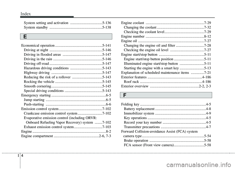 KIA SPORTAGE 2020  Owners Manual Index
4I
System setting and activation ..................................5-136
System standby ........................................................5-138
Economical operation .......................