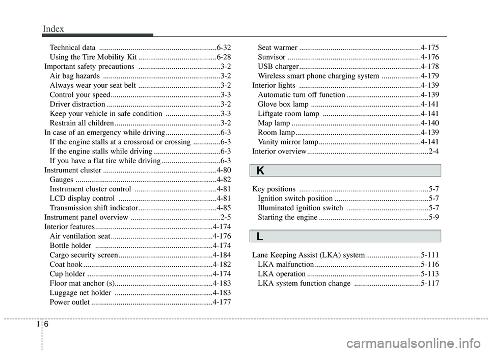 KIA SPORTAGE 2020  Owners Manual Index
6I
Technical data ............................................................6-32
Using the Tire Mobility Kit ........................................6-28
Important safety precautions .........