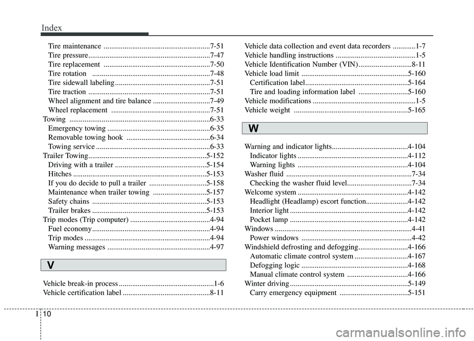 KIA SPORTAGE 2020  Owners Manual Index
10I
Tire maintenance ........................................................7-51
Tire pressure................................................................7-47
Tire replacement .............