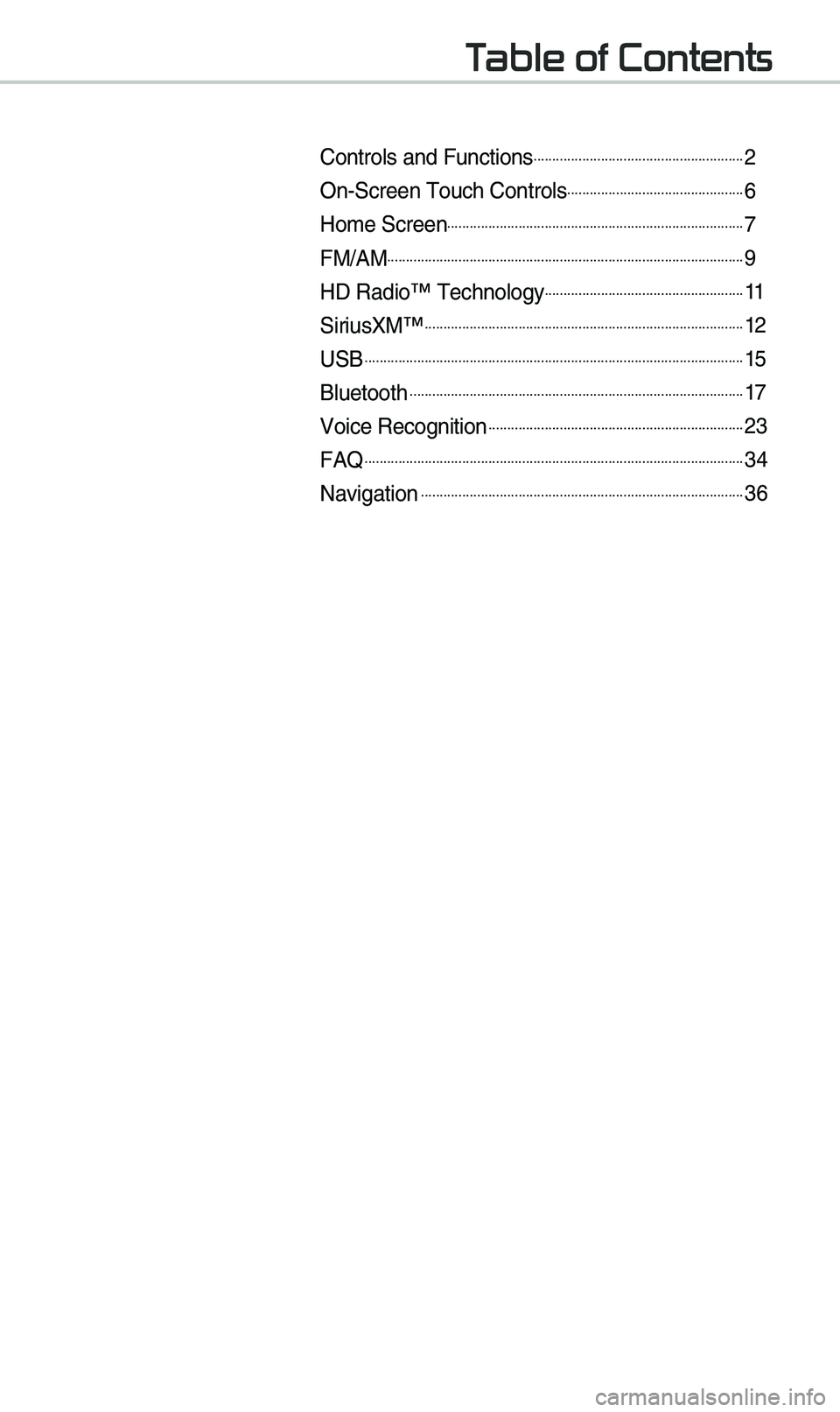 KIA STINGER 2020  Navigation System Quick Reference Guide Table of Contents
Contro\bs and Functi\uons.........................................................2
On-Screen Touch Con\utro\bs................................................6
Ho\fe Screen.........