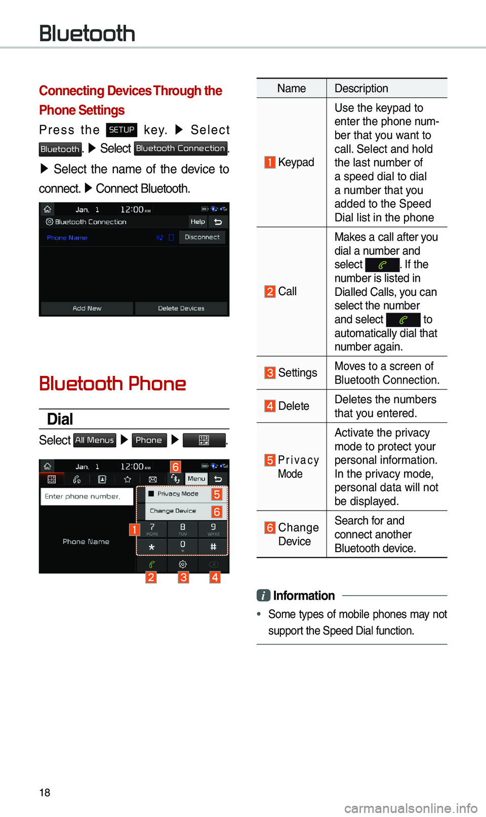 KIA STINGER 2019 Navigation System Quick Reference Guide 18
Connecting Devices Through the
Phone Settings
Press the SETUP key. 0521
Select
Bluetooth. 0521 Select Bluetooth Connection.
0521 Select the na\be of the device to
connect. 0521
Co KIA STINGER 2019 Navigation System Quick Reference Guide 18
Connecting Devices Through the
Phone Settings
Press the SETUP key. 0521
Select
Bluetooth. 0521 Select Bluetooth Connection.
0521 Select the na\be of the device to
connect. 0521
Co