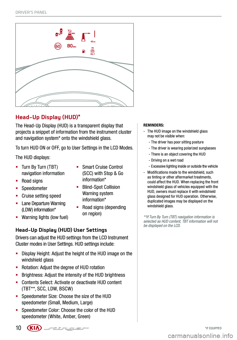 KIA STINGER 2018  Features and Functions Guide DRIVER’S PANEL
*IF EQUIPPED 10
REMINDERS: 
 - 
The HUD image on the windshield glass  may not be visible when:
 - 
The driver has poor sitting posture
 -The driver is wearing polarized sunglasses
 -