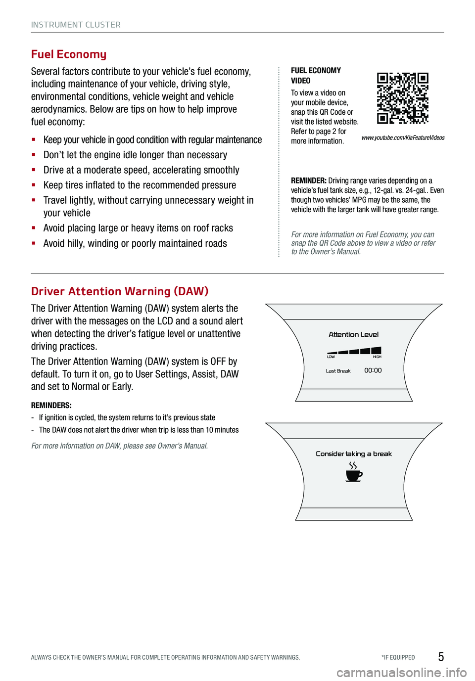 KIA STINGER 2018  Features and Functions Guide INSTRUMENT CLUSTER
5*IF EQUIPPED ALWAYS CHECK THE OWNER’S MANUAL FOR COMPLE TE OPER ATING INFORMATION AND SAFE T Y WARNINGS.
FUEL ECONOMY VIDEO
To view a video on your mobile device, snap this QR Co