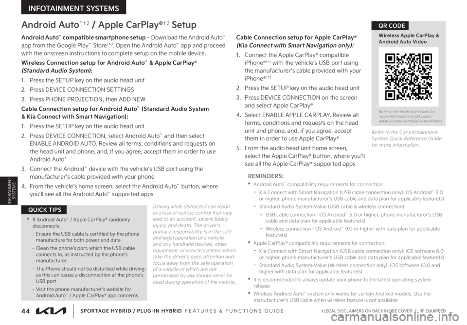 KIA SPORTAGE HYBRID 2023  Features and Functions Guide 44†LEGAL DISCL AIMERS ON BACK INSIDE COVER   |   *IF EQUIPPED
INFOTAINMENT SYSTEMS
SPORTAGE HYBRID / PLUG-IN HYBRID  FEATURES & FUNCTIONS GUIDE
INFOTAINMENT  SYSTEMS
Android Auto™†2 / Apple CarP