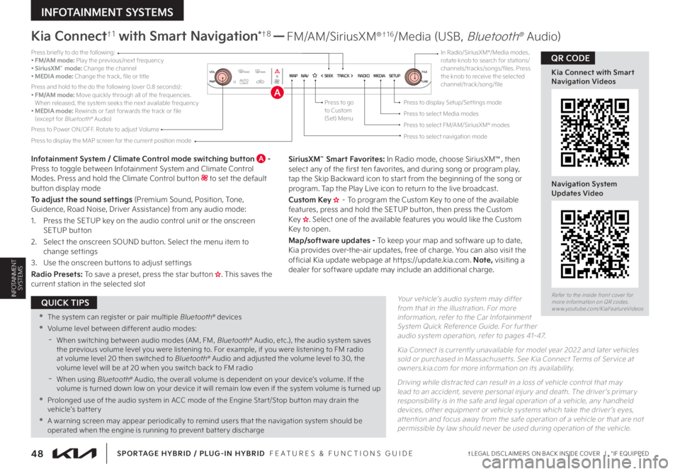 KIA SPORTAGE HYBRID 2023 Features and Functions Guide 48†LEGAL DISCL AIMERS ON BACK INSIDE COVER | *IF EQUIPPED
INFOTAINMENT SYSTEMS
SPORTAGE HYBRID / PLUG-IN HYBRID FEATURES & FUNCTIONS GUIDE
INFOTAINMENT SYSTEMSYour vehicle’s audio system may KIA SPORTAGE HYBRID 2023 Features and Functions Guide 48†LEGAL DISCL AIMERS ON BACK INSIDE COVER | *IF EQUIPPED
INFOTAINMENT SYSTEMS
SPORTAGE HYBRID / PLUG-IN HYBRID FEATURES & FUNCTIONS GUIDE
INFOTAINMENT SYSTEMSYour vehicle’s audio system may