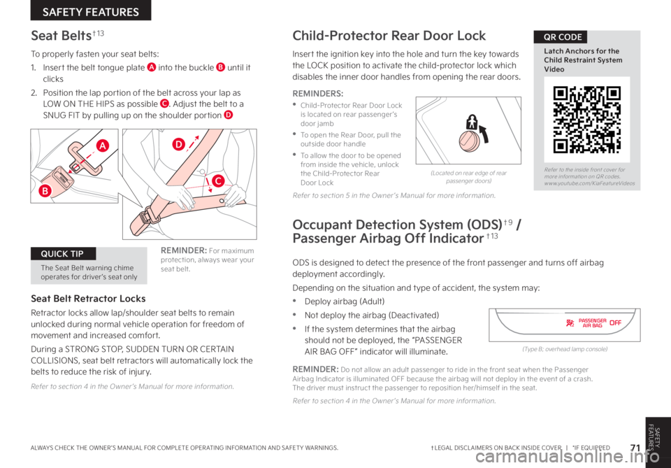 KIA SPORTAGE HYBRID 2023  Features and Functions Guide REMINDER: Do not allow an adult passenger to ride in the front seat when the Passenger Airbag Indicator is illuminated OFF because the airbag will not deploy in the event of a crash  The driver must i