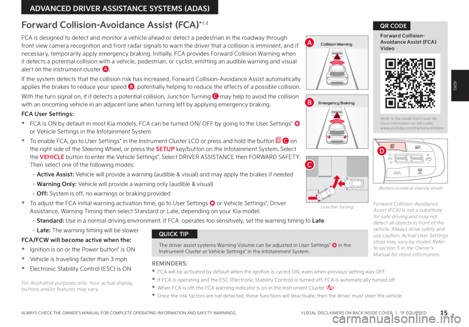 KIA SPORTAGE 2023 Features and Functions Guide 15†LEGAL DISCL AIMERS ON BACK INSIDE COVER | *IF EQUIPPEDALWAYS CHECK THE OWNER ’S MANUAL FOR COMPLETE OPER ATING INFORMATION AND SAFET Y WARNINGS
ADVANCED DRIVER ASSISTANCE SYSTEMS (ADAS)
A KIA SPORTAGE 2023 Features and Functions Guide 15†LEGAL DISCL AIMERS ON BACK INSIDE COVER | *IF EQUIPPEDALWAYS CHECK THE OWNER ’S MANUAL FOR COMPLETE OPER ATING INFORMATION AND SAFET Y WARNINGS
ADVANCED DRIVER ASSISTANCE SYSTEMS (ADAS)
A