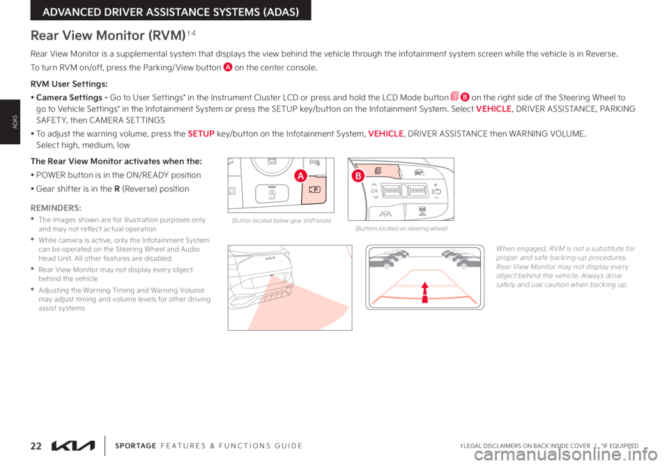 KIA SPORTAGE 2023  Features and Functions Guide 22†LEGAL DISCL AIMERS ON BACK INSIDE COVER   |   *IF EQUIPPEDSPORTAGE  FEATURES & FUNCTIONS GUIDE
ADVANCED DRIVER ASSISTANCE SYSTEMS (ADAS)
ADAS
Rear View Monitor is a supplemental system that displ