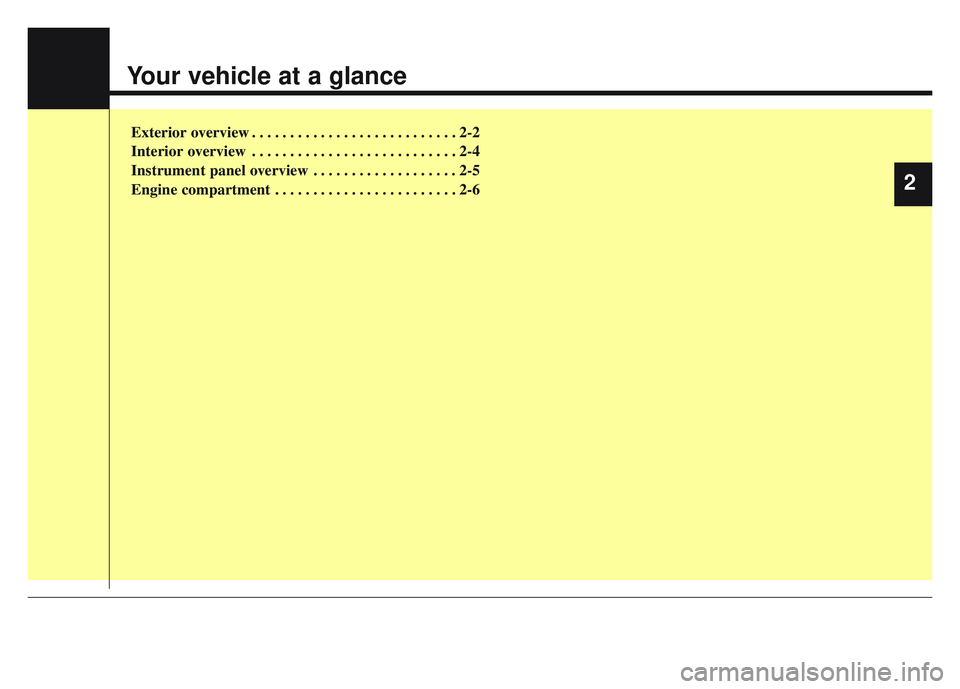 KIA SPORTAGE 2022  Owners Manual Your vehicle at a glance
Exterior overview . . . . . . . . . . . . . . . . . . . . . . . . . . . 2-2
Interior overview . . . . . . . . . . . . . . . . . . . . . . . . . . . 2-4
Instrument panel overvi